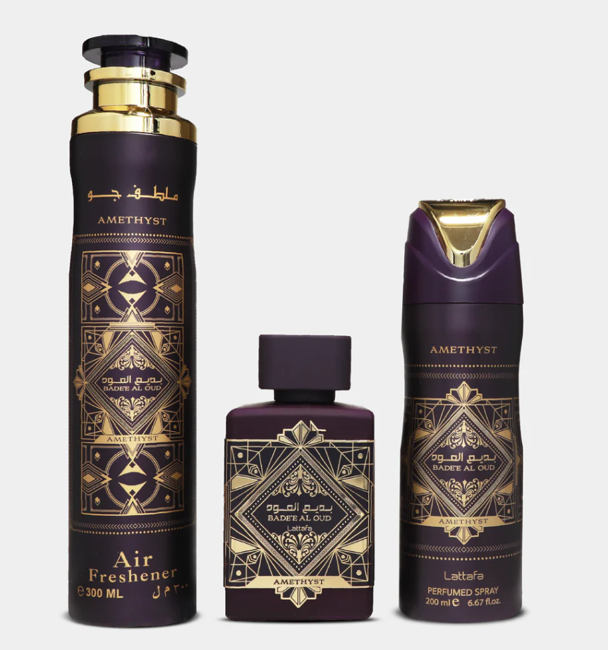 Lattafa Badee Al Oud Amethyst Gift Set – Eau de Parfum, Perfumed & Air Freshener