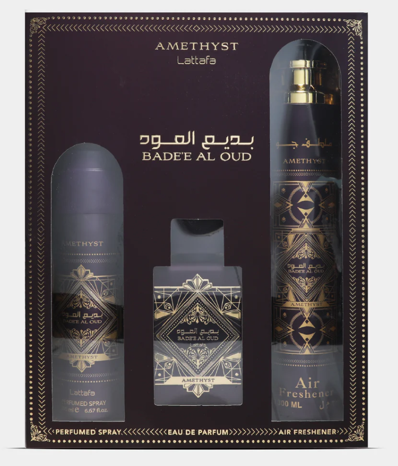 Lattafa Badee Al Oud Amethyst Gift Set – Eau de Parfum, Perfumed & Air Freshener