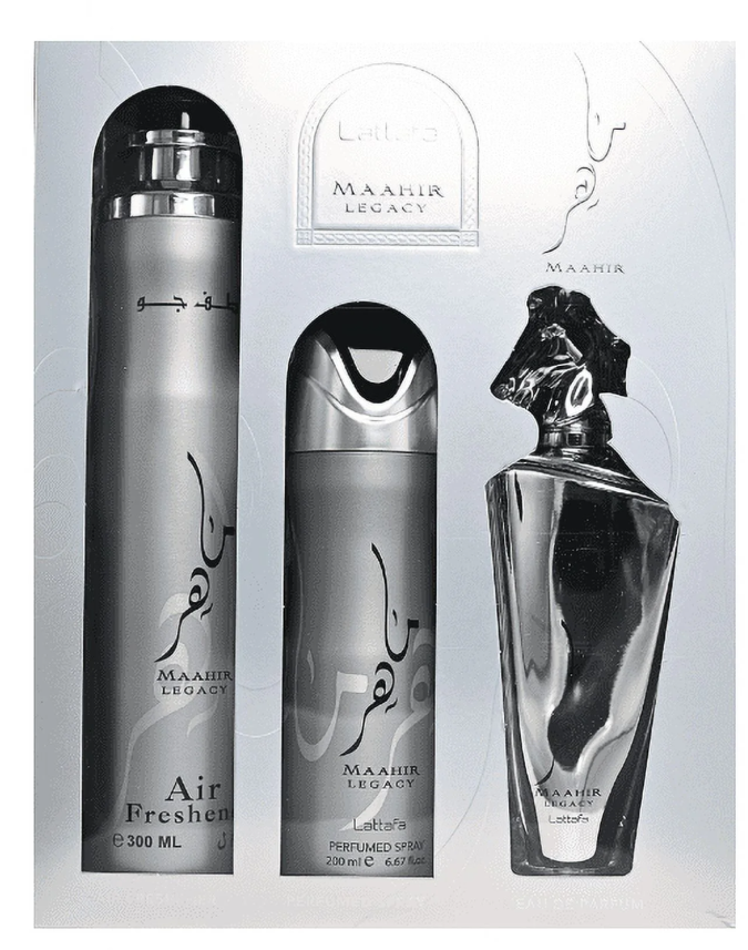 Lattafa Maahir Legacy 3-Piece Gift Set – Eau de Parfum, Body Spray & Air Freshen
